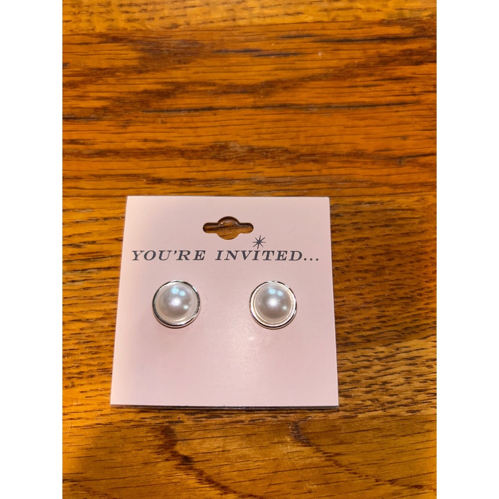 You're Invited Faux Pearl Bezel Stud Earrings Silver Tone White